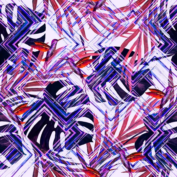 Aquarel Naadloos Patroon Met Tropische Bladeren Vogels Zigzag Achtergrond Een — Stockfoto