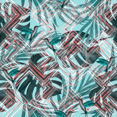 Tropikal yapraklı suluboya desenli ve zigzag zeminli kuşlar. Avuç içi. Canavar mı? Sinekkuşları. Yaz egzotik baskısı. El çizimi. Yüzey tasarımı.