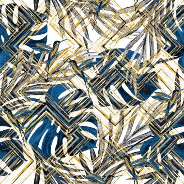 Tropikal yapraklı suluboya desenli ve zigzag zeminli kuşlar. Avuç içi. Canavar mı? Sinekkuşları. Yaz egzotik baskısı. El çizimi. Yüzey tasarımı.