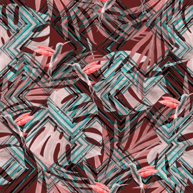 Tropikal yapraklı suluboya desenli ve zigzag zeminli kuşlar. Avuç içi. Canavar mı? Sinekkuşları. Yaz egzotik baskısı. El çizimi. Yüzey tasarımı.