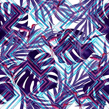 Tropikal yapraklı suluboya desenli ve zigzag zeminli kuşlar. Avuç içi. Canavar mı? Sinekkuşları. Yaz egzotik baskısı. El çizimi. Yüzey tasarımı.