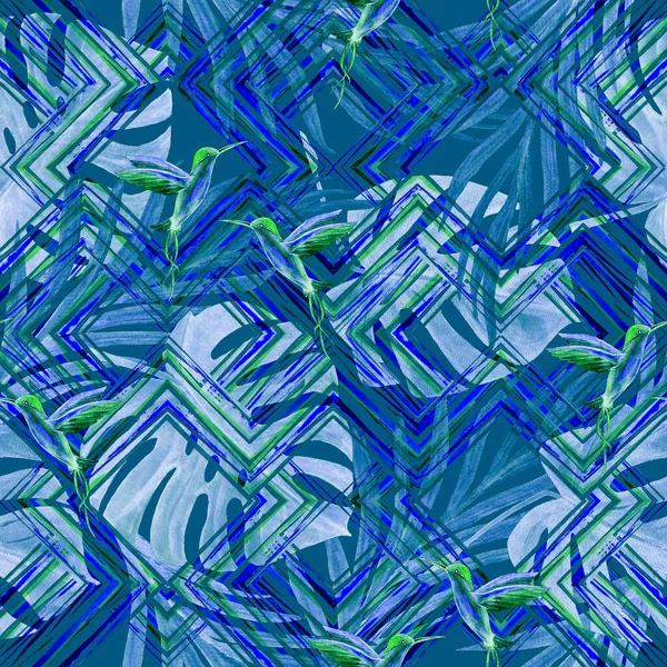 Акварель Бесшовный Узор Тропическими Листьями Птицами Зигзагообразном Фоне Ладонь Монстера — стоковое фото