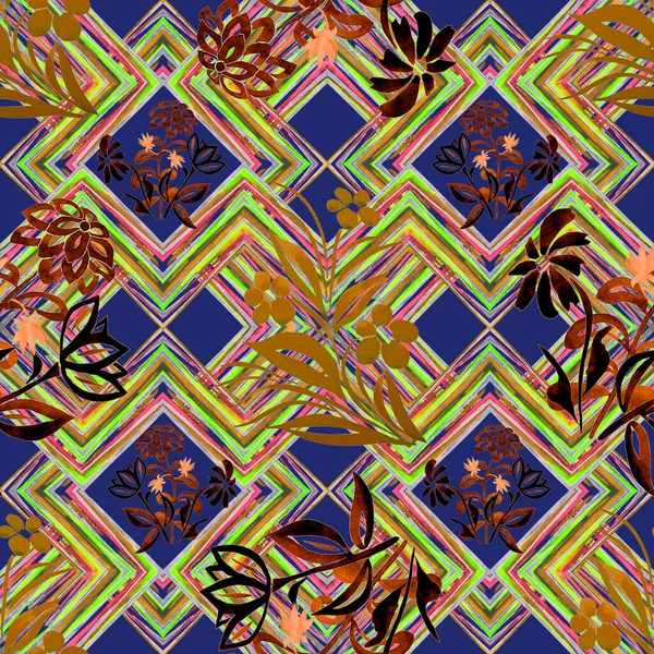 Abstraktní Květinový Bezešvý Vzor Akvarelem Obrysu Květiny Geometrickém Klikatém Pozadí — Stock fotografie