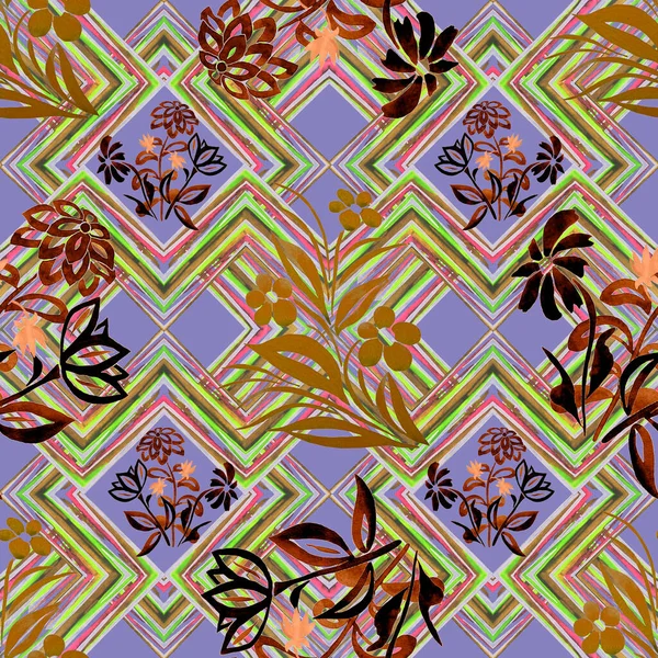 Abstraktes Florales Nahtloses Muster Mit Aquarell Konturblumen Auf Geometrischem Zickzack — Stockfoto