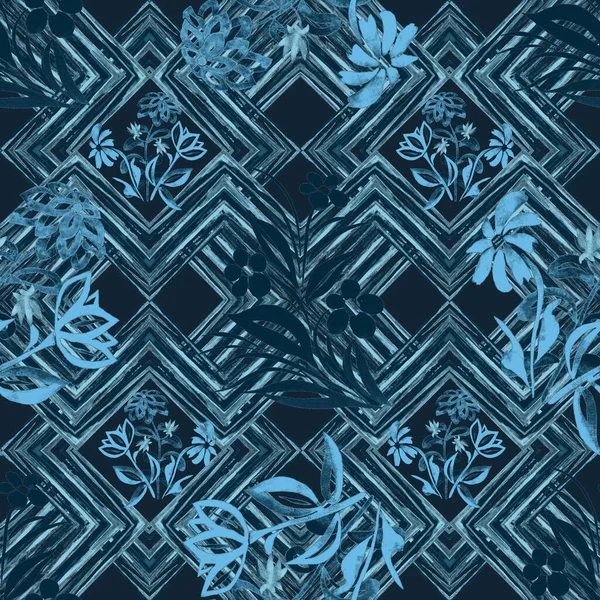 Abstrakt Blommig Sömlös Mönster Med Akvarell Kontur Blommor Geometriska Sicksack — Stockfoto