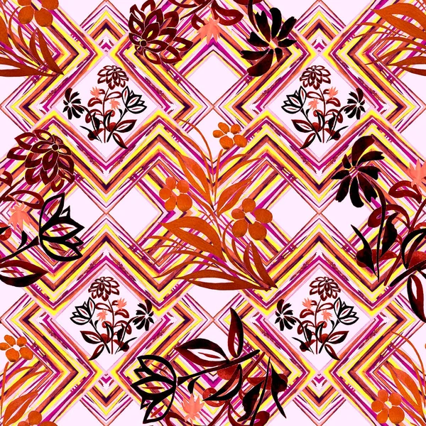 Abstract Floral Seamless Pattern Watercolor Contour Flowers Geometric Zigzag Background — Stock Photo, Image