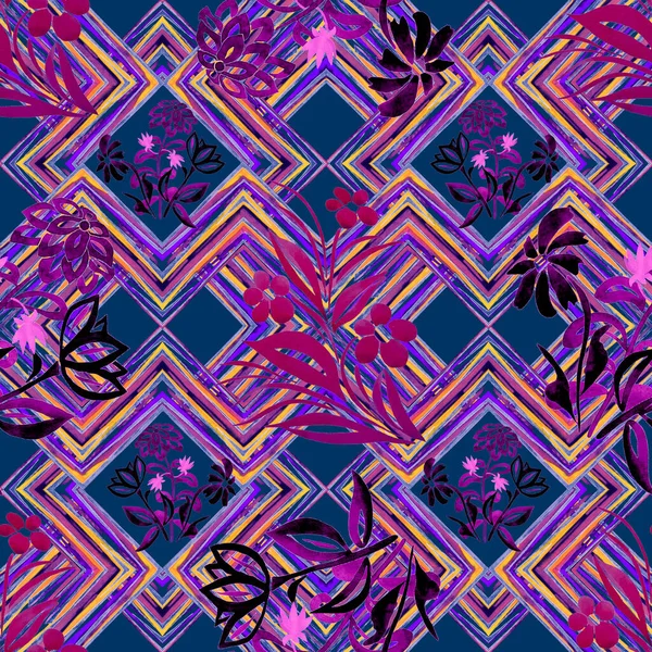 Абстрактный Цветочный Бесшовный Узор Акварельными Контурными Цветами Геометрическом Зигзагообразном Фоне — стоковое фото