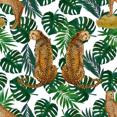 Yaprak arka planında çitalar olan dikişsiz tropik desenli suluboya. Antika Hawaii tarzında kusursuz bir hayvan baskısı..