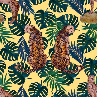 Yaprak arka planında çitalar olan dikişsiz tropik desenli suluboya. Antika Hawaii tarzında kusursuz bir hayvan baskısı..