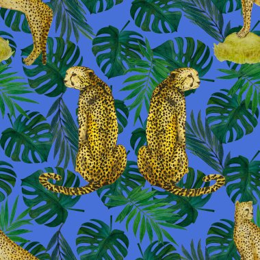 Yaprak arka planında çitalar olan dikişsiz tropik desenli suluboya. Antika Hawaii tarzında kusursuz bir hayvan baskısı..