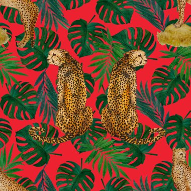 Yaprak arka planında çitalar olan dikişsiz tropik desenli suluboya. Antika Hawaii tarzında kusursuz bir hayvan baskısı..