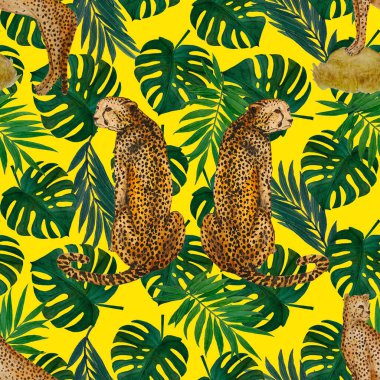 Yaprak arka planında çitalar olan dikişsiz tropik desenli suluboya. Antika Hawaii tarzında kusursuz bir hayvan baskısı..