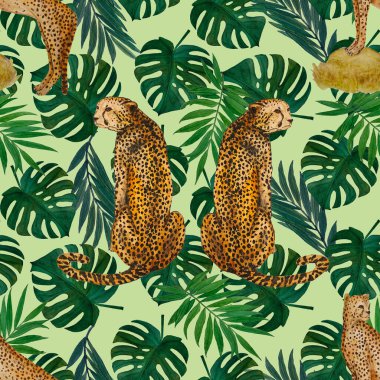 Yaprak arka planında çitalar olan dikişsiz tropik desenli suluboya. Antika Hawaii tarzında kusursuz bir hayvan baskısı..