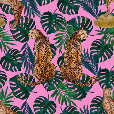 Yaprak arka planında çitalar olan dikişsiz tropik desenli suluboya. Antika Hawaii tarzında kusursuz bir hayvan baskısı..