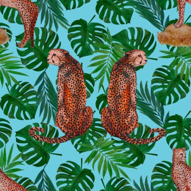 Yaprak arka planında çitalar olan dikişsiz tropik desenli suluboya. Antika Hawaii tarzında kusursuz bir hayvan baskısı..