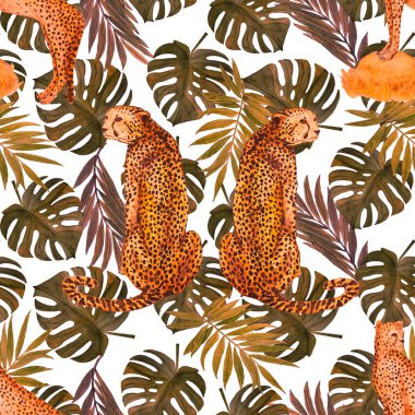 Yaprak arka planında çitalar olan dikişsiz tropik desenli suluboya. Antika Hawaii tarzında kusursuz bir hayvan baskısı..