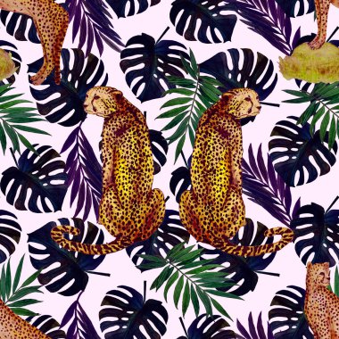 Yaprak arka planında çitalar olan dikişsiz tropik desenli suluboya. Antika Hawaii tarzında kusursuz bir hayvan baskısı..