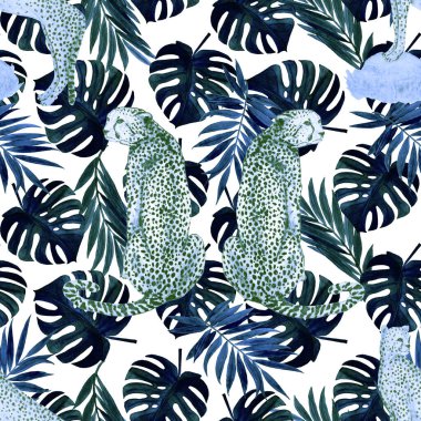 Yaprak arka planında çitalar olan dikişsiz tropik desenli suluboya. Antika Hawaii tarzında kusursuz bir hayvan baskısı..