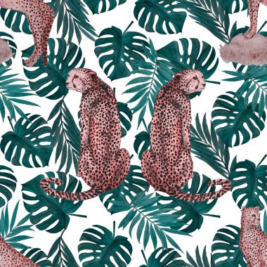 Yaprak arka planında çitalar olan dikişsiz tropik desenli suluboya. Antika Hawaii tarzında kusursuz bir hayvan baskısı..