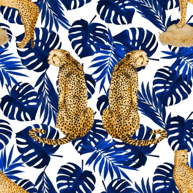 Yaprak arka planında çitalar olan dikişsiz tropik desenli suluboya. Antika Hawaii tarzında kusursuz bir hayvan baskısı..