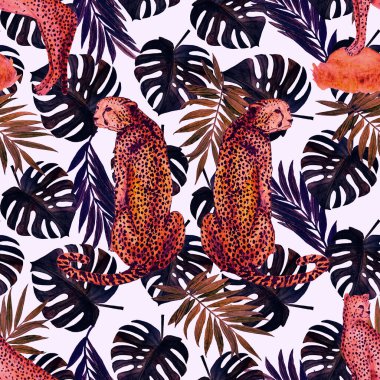 Yaprak arka planında çitalar olan dikişsiz tropik desenli suluboya. Antika Hawaii tarzında kusursuz bir hayvan baskısı..