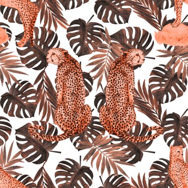 Yaprak arka planında çitalar olan dikişsiz tropik desenli suluboya. Antika Hawaii tarzında kusursuz bir hayvan baskısı..