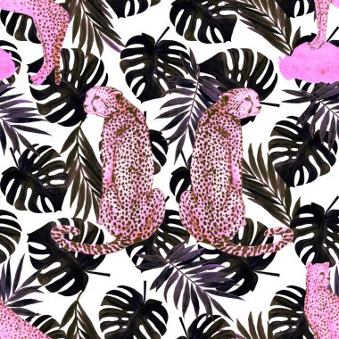 Yaprak arka planında çitalar olan dikişsiz tropik desenli suluboya. Antika Hawaii tarzında kusursuz bir hayvan baskısı..