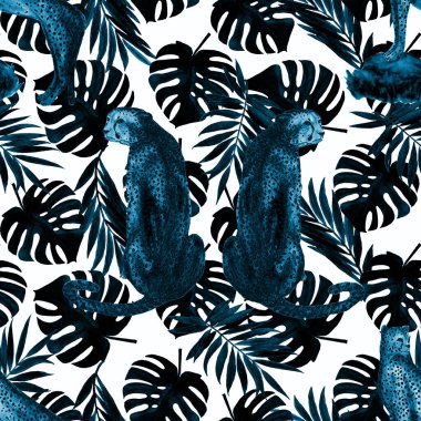 Yaprak arka planında çitalar olan dikişsiz tropik desenli suluboya. Antika Hawaii tarzında kusursuz bir hayvan baskısı..