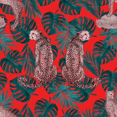 Yaprak arka planında çitalar olan dikişsiz tropik desenli suluboya. Antika Hawaii tarzında kusursuz bir hayvan baskısı..