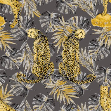 Yaprak arka planında çitalar olan dikişsiz tropik desenli suluboya. Antika Hawaii tarzında kusursuz bir hayvan baskısı..