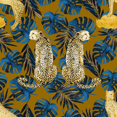 Yaprak arka planında çitalar olan dikişsiz tropik desenli suluboya. Antika Hawaii tarzında kusursuz bir hayvan baskısı..