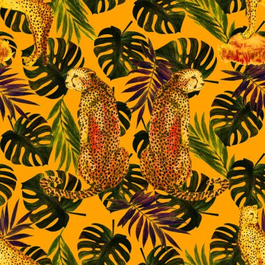 Yaprak arka planında çitalar olan dikişsiz tropik desenli suluboya. Antika Hawaii tarzında kusursuz bir hayvan baskısı..