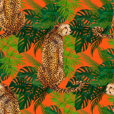 Çitalar ve tropikal yaprak arkaplanlı suluboya desenli. Egzotik yaz baskısı.