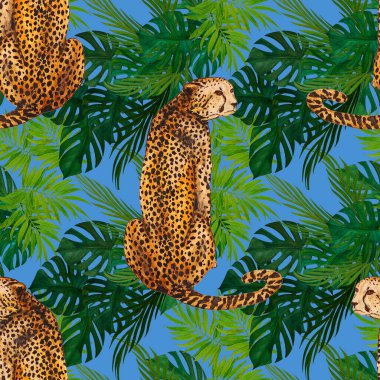 Yaprak arka planında çitalar olan dikişsiz suluboya deseni. Hayvanlar için kusursuz iz..