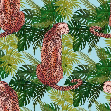 Çitalar ve tropikal yaprak arkaplanlı suluboya desenli. Egzotik yaz baskısı.