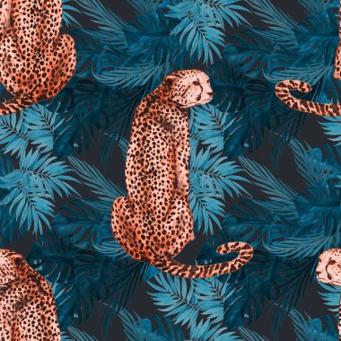 Çitalar ve tropikal yaprak arkaplanlı suluboya desenli. Egzotik yaz baskısı.