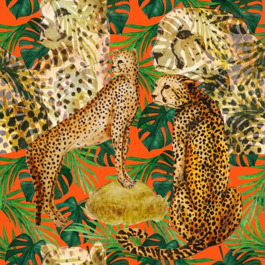 Çitalar ve tropikal yapraklarla kusursuz tropikal desen. Egzotik yaz baskısı. Hayvani doğa dokusu.