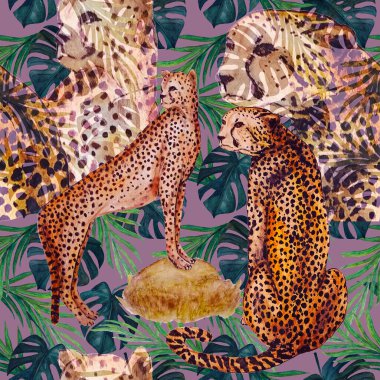 Çitalar ve tropikal yapraklarla kusursuz tropikal desen. Egzotik yaz baskısı. Hayvani doğa dokusu.