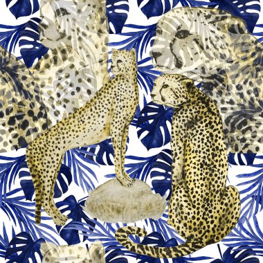 Çitalar ve tropikal yapraklarla kusursuz tropikal desen. Egzotik yaz baskısı. Hayvani doğa dokusu.