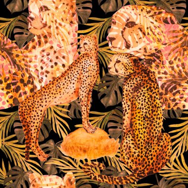 Çitalar ve tropikal yapraklarla kusursuz tropikal desen. Egzotik yaz baskısı. Hayvani doğa dokusu.