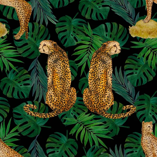 水彩斑斓的热带图案 叶背有猎豹 仿古夏威夷风格的动物无缝印刷品 — 图库照片