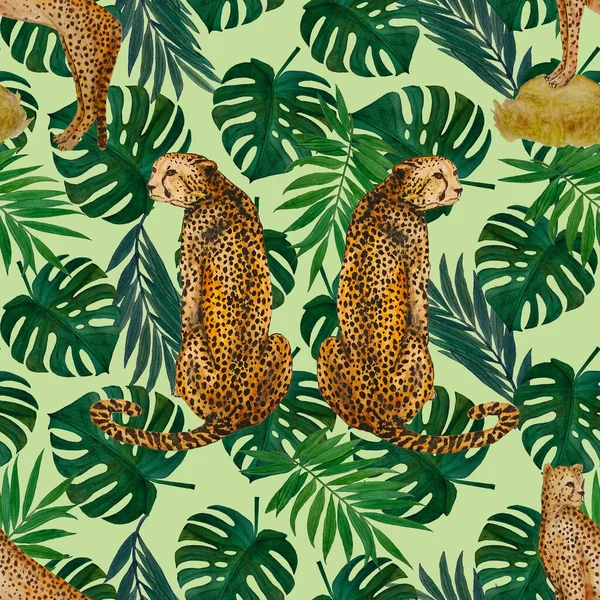 Yaprak arka planında çitalar olan dikişsiz tropik desenli suluboya. Antika Hawaii tarzında kusursuz bir hayvan baskısı..