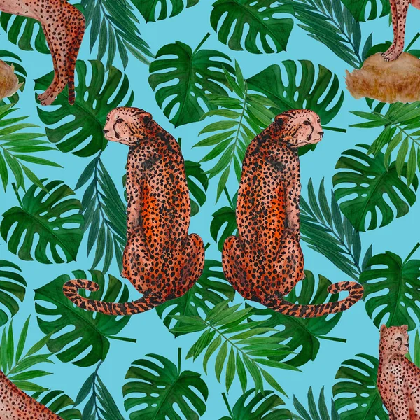 Yaprak arka planında çitalar olan dikişsiz tropik desenli suluboya. Antika Hawaii tarzında kusursuz bir hayvan baskısı..