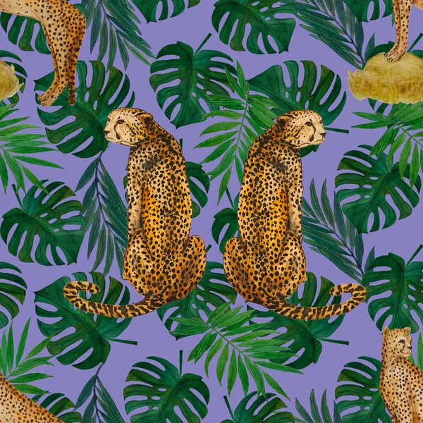 Watercolor seamless tropical pattern with cheetahs on leaf background. Animalistic seamless print in vintage Hawaiian style.