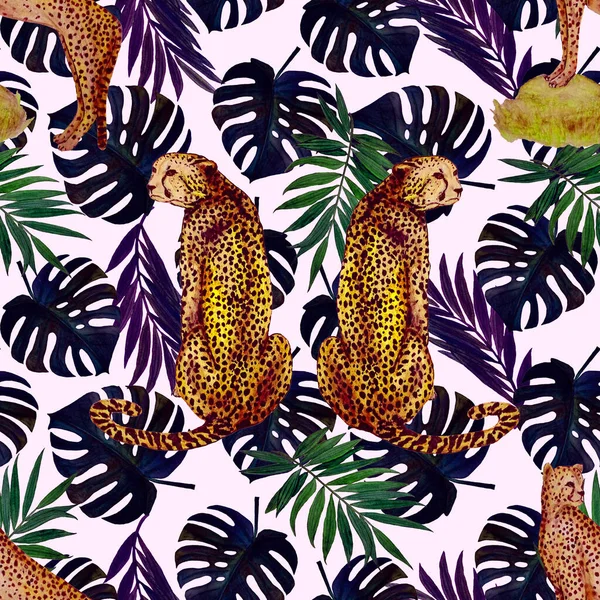 Yaprak arka planında çitalar olan dikişsiz tropik desenli suluboya. Antika Hawaii tarzında kusursuz bir hayvan baskısı..