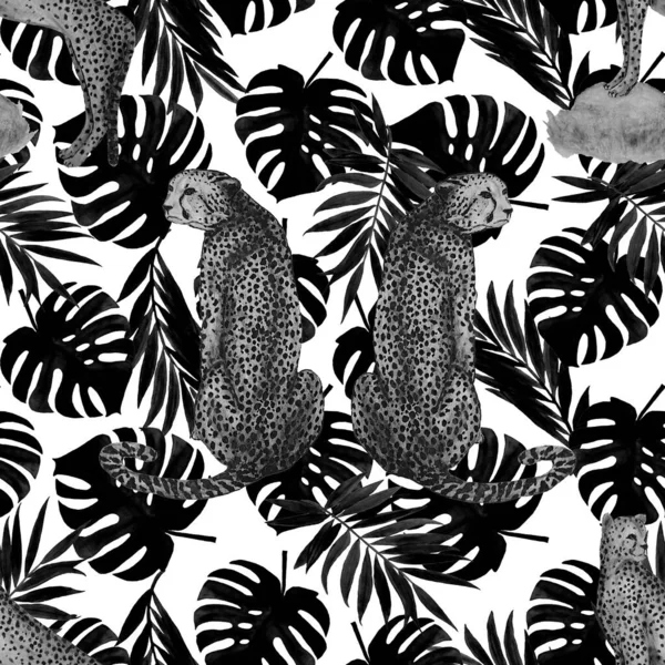 Υδατογραφία Απρόσκοπτη Τροπικό Μοτίβο Τσιτάχ Στο Φόντο Των Φύλλων Animalistic — Φωτογραφία Αρχείου