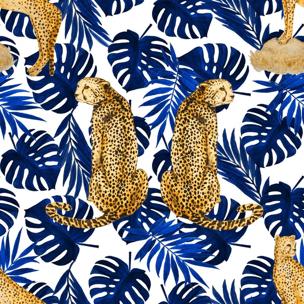 Yaprak arka planında çitalar olan dikişsiz tropik desenli suluboya. Antika Hawaii tarzında kusursuz bir hayvan baskısı..