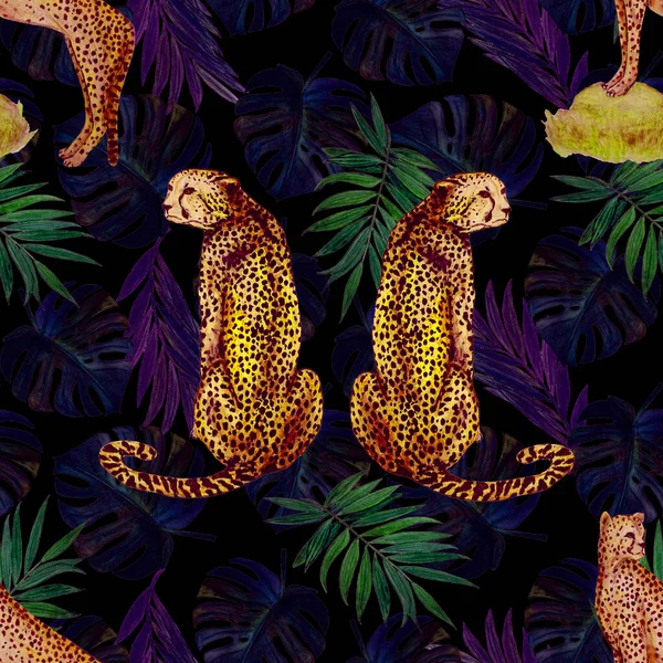Акварельный Узор Гепардами Фоне Листьев Бесшовная Животная Печать Винтажном Гавайском — стоковое фото