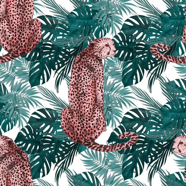 チーターと熱帯の葉の背景と水彩シームレスパターン エキゾチックな夏 Print — ストック写真