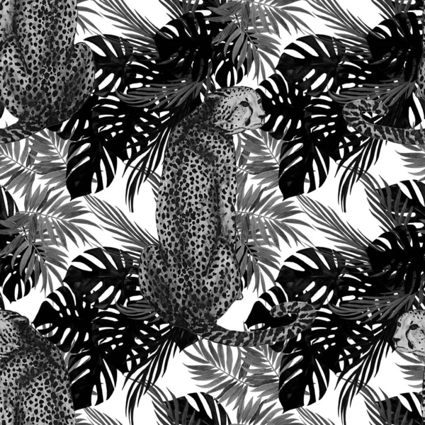 Akvarel Bezešvný Vzor Gepardy Tropických Listů Pozadí Exotický Letní Tisk — Stock fotografie